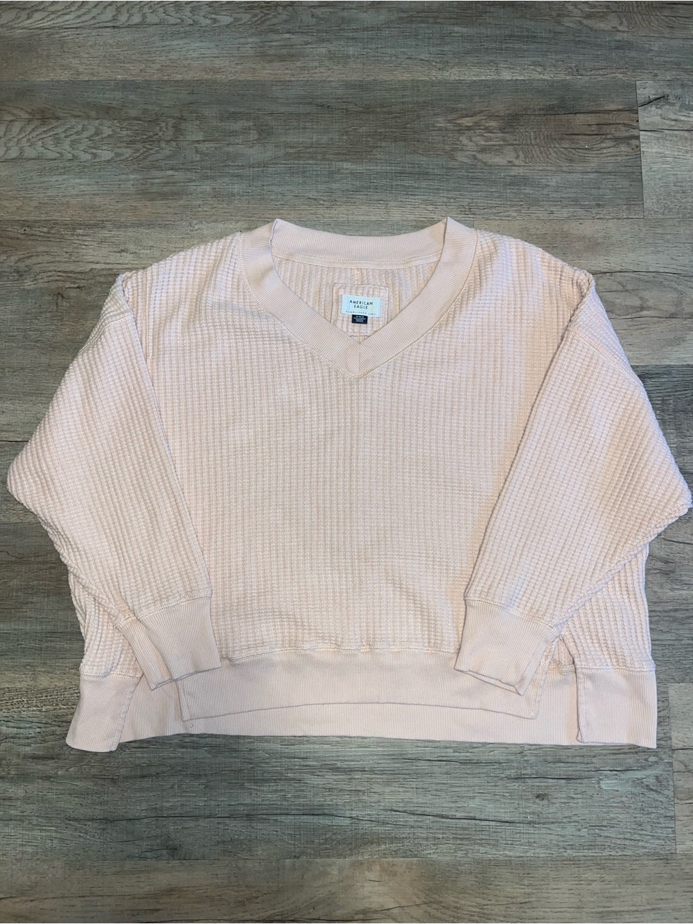 American Eagle Women's Pink Waffle V-Neck Sweater